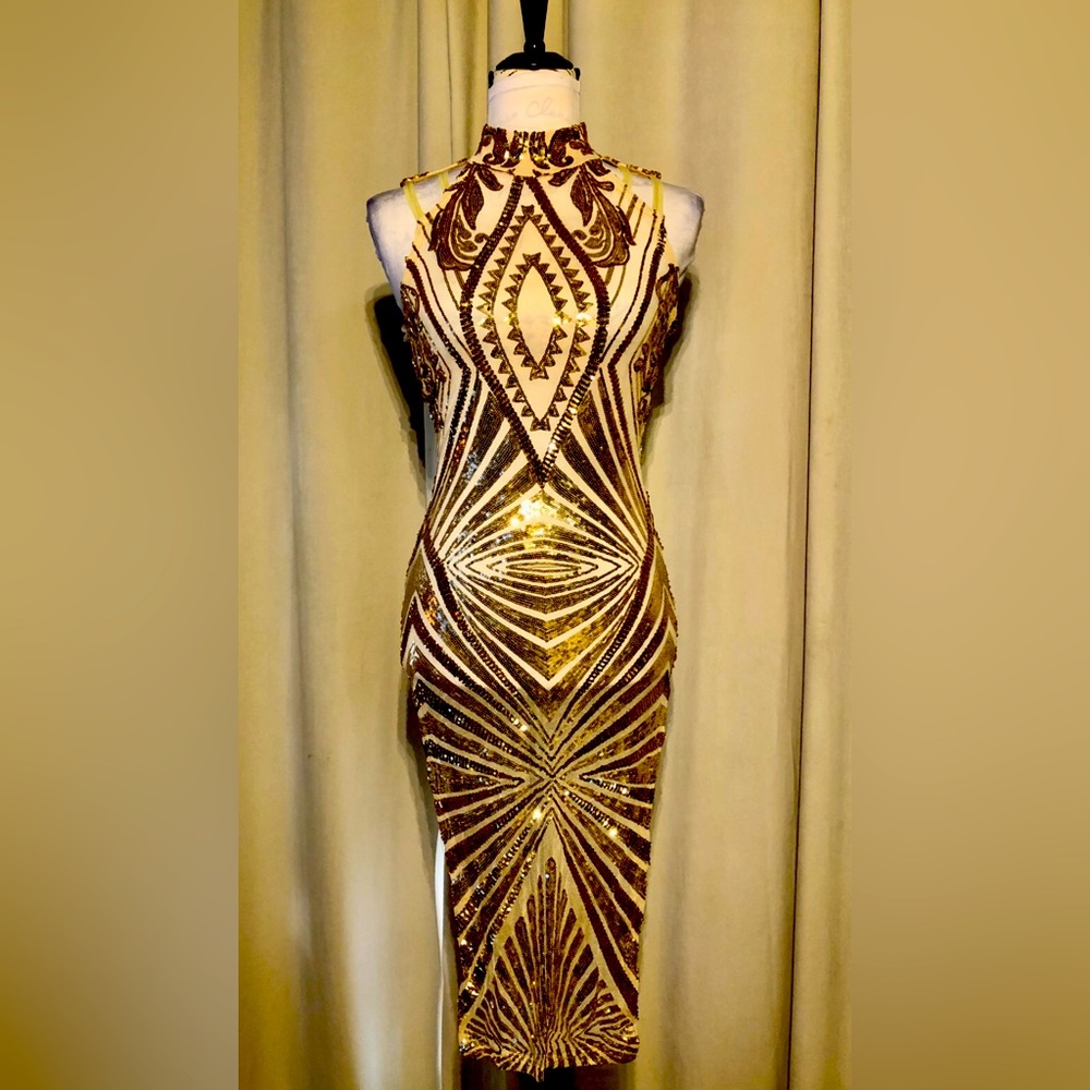 Elegant gold sequined, sheer midi dress